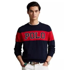 Polo Ralph Lauren Men's Navy Red Cotton Crewneck Sweater XL Logo Classic
